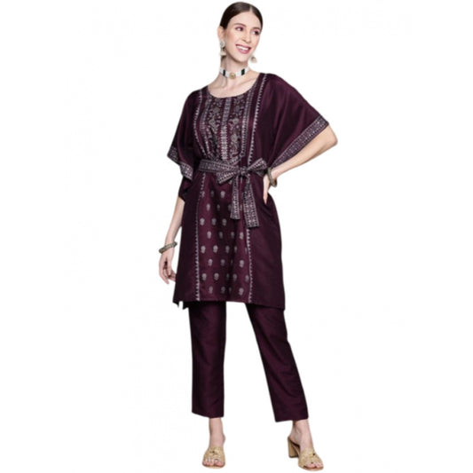 Generic Women's Casual 3-4Th Sleeve Floral Printed Chinon Kurti And Pant Set (Wine) - Noble Nook