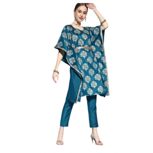 Generic Women's Casual 3-4Th Sleeve Floral Printed Chinon Kurti And Pant Set (Teal) - Noble Nook