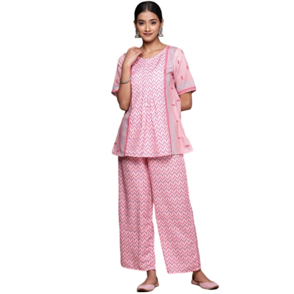 Generic Women's Casual Half Sleeve Geometric Rayon Kurti And Palazzo Set (Pink) - Noble Nook