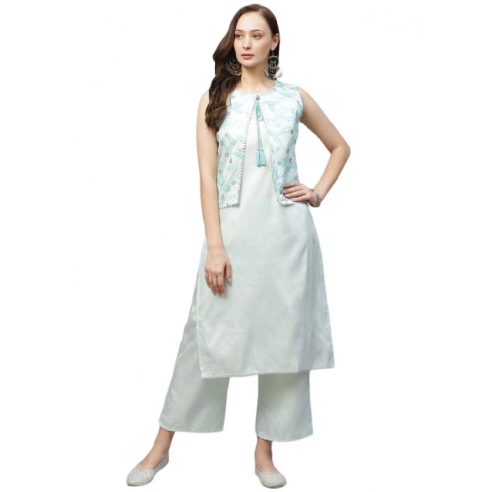 Generic Women's Casual Sleeveless Abstract Poly Silk Kurti and Palazzo Set (Mint Green) - Noble Nook