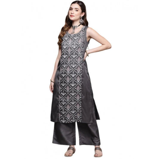 Generic Women's Casual Sleeveless Floral Printed Poly Silk Kurti and Palazzo Set (Dark Grey) - Noble Nook