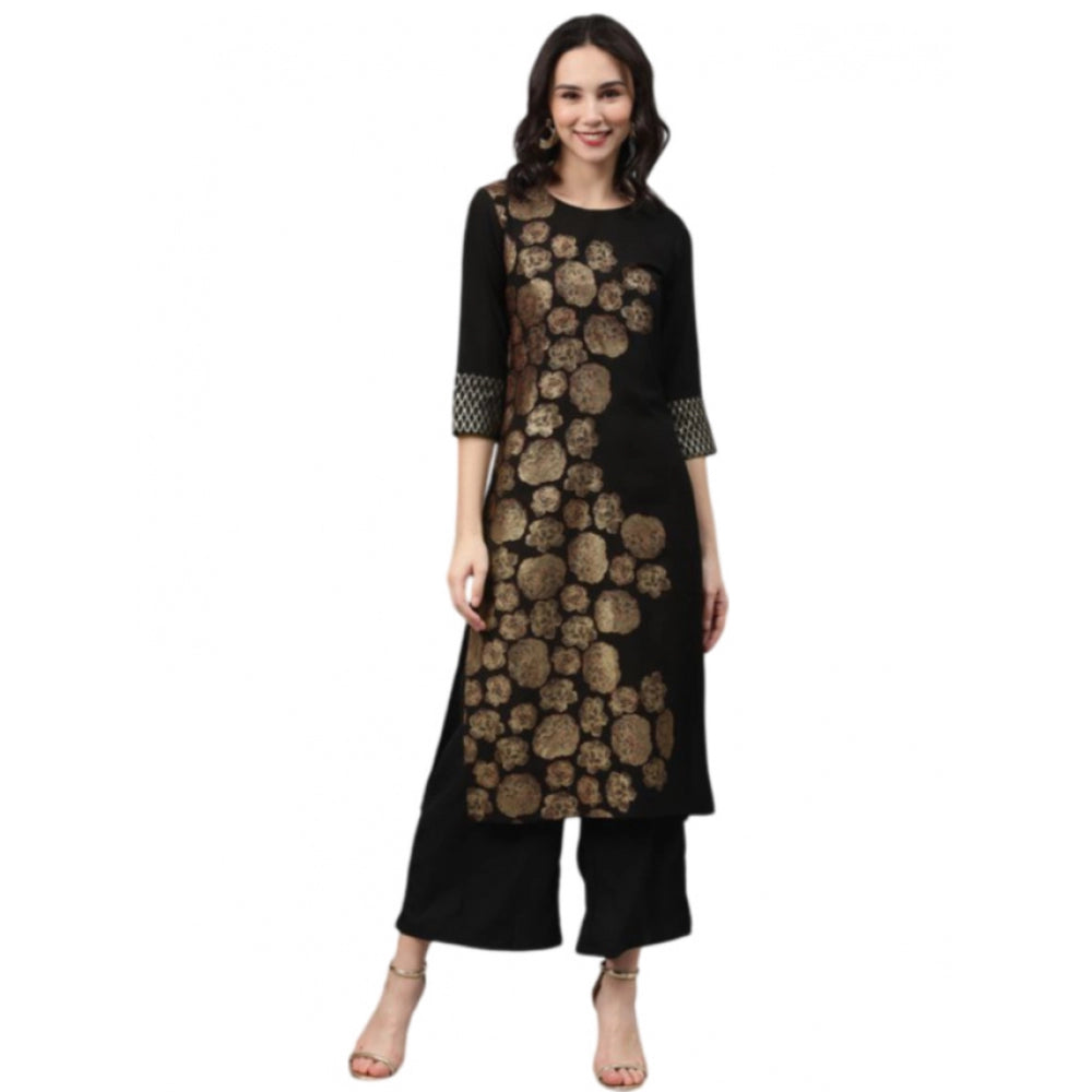 Generic Women's Casual 3-4Th Sleeve Floral Printed Crepe Kurti And Palazzo Set (Black) - Noble Nook