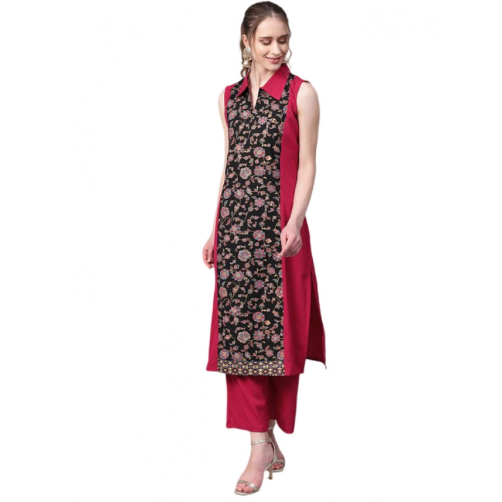 Generic Women's Casual Sleeveless Floral Printed Crepe Kurti and Palazzo Set (Pink) - Noble Nook