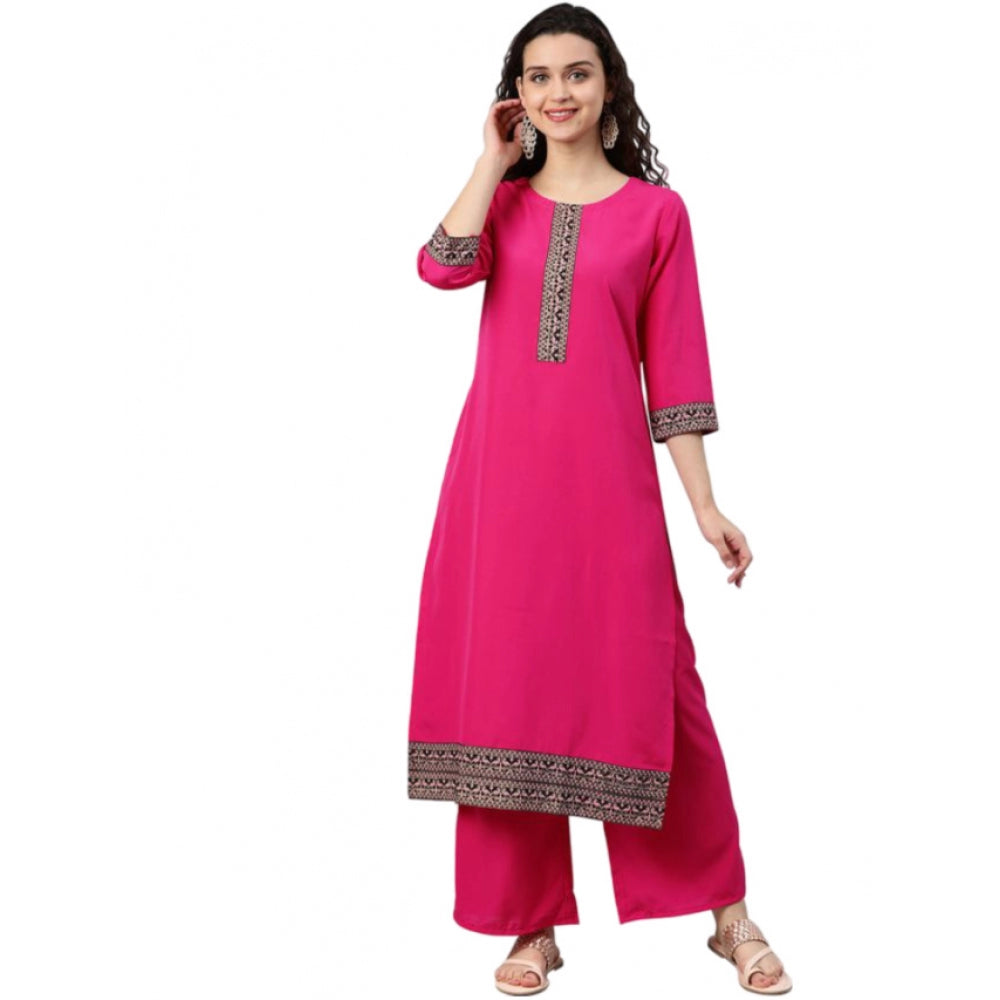 Generic Women's Casual 3-4Th Sleeve Solid Crepe Kurti And Palazzo Set (Pink) - Noble Nook