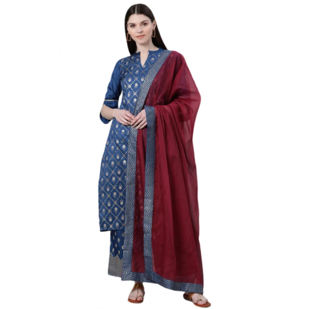 Generic Women's Casual 3-4Th Sleeve Floral Printed Poly Silk KurtiPalazzo And Dupatta Set (Blue) - Noble Nook