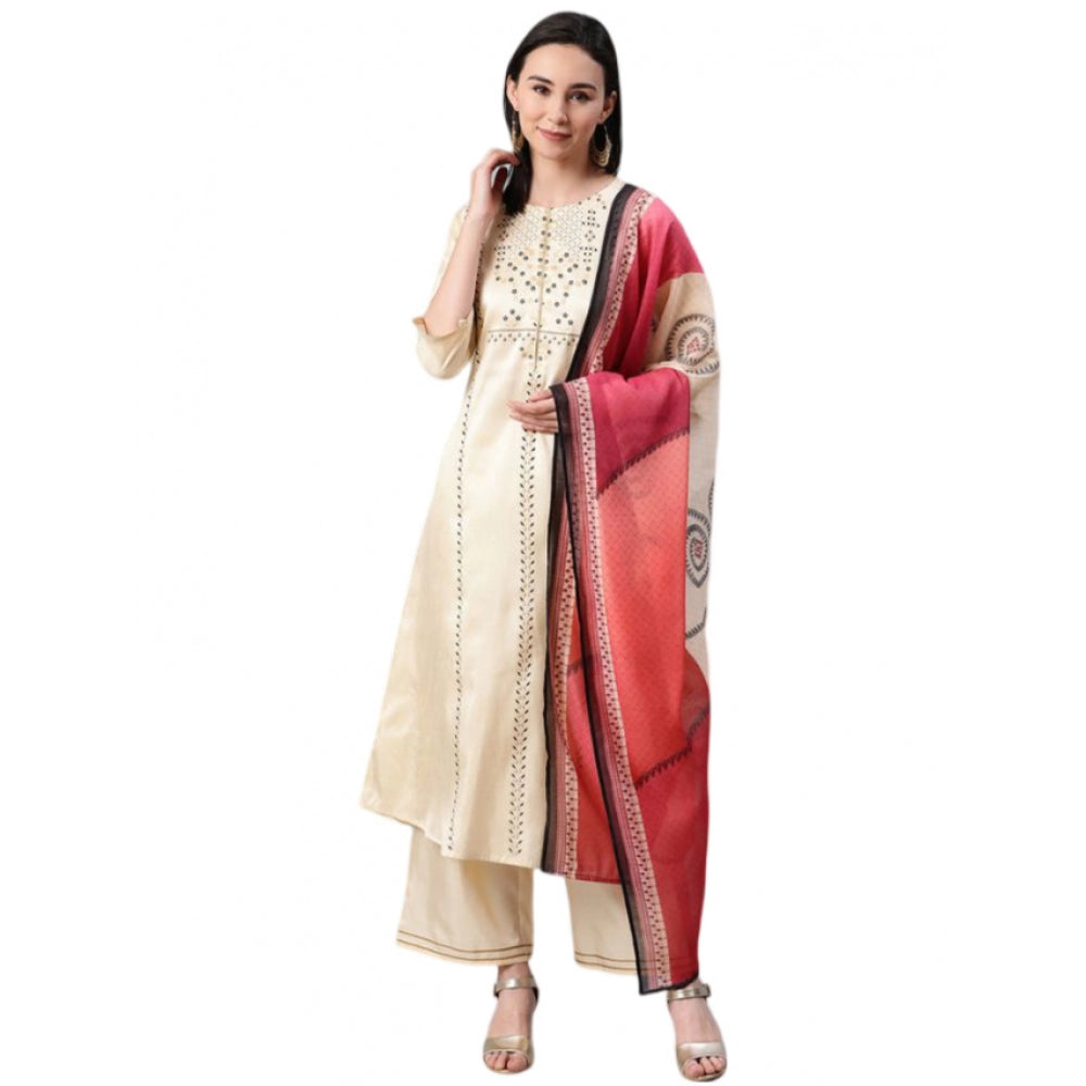 Generic Women's Casual 3-4Th Sleeve Ethnic Motifs Poly Silk KurtiPalazzo And Dupatta Set (Cream) - Noble Nook