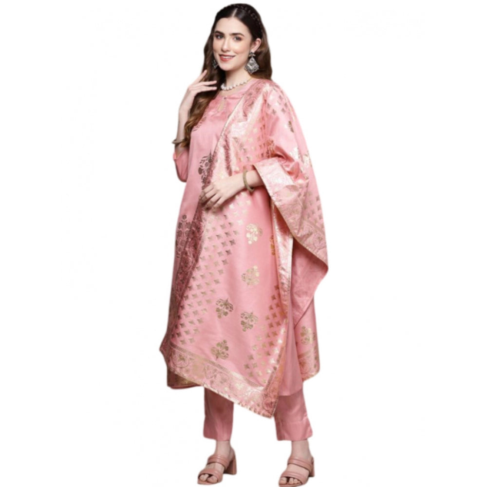 Generic Women's Casual 3-4Th Sleeve Floral Printed Poly Silk Kurti Pant And Dupatta Set (Light Pink) - Noble Nook