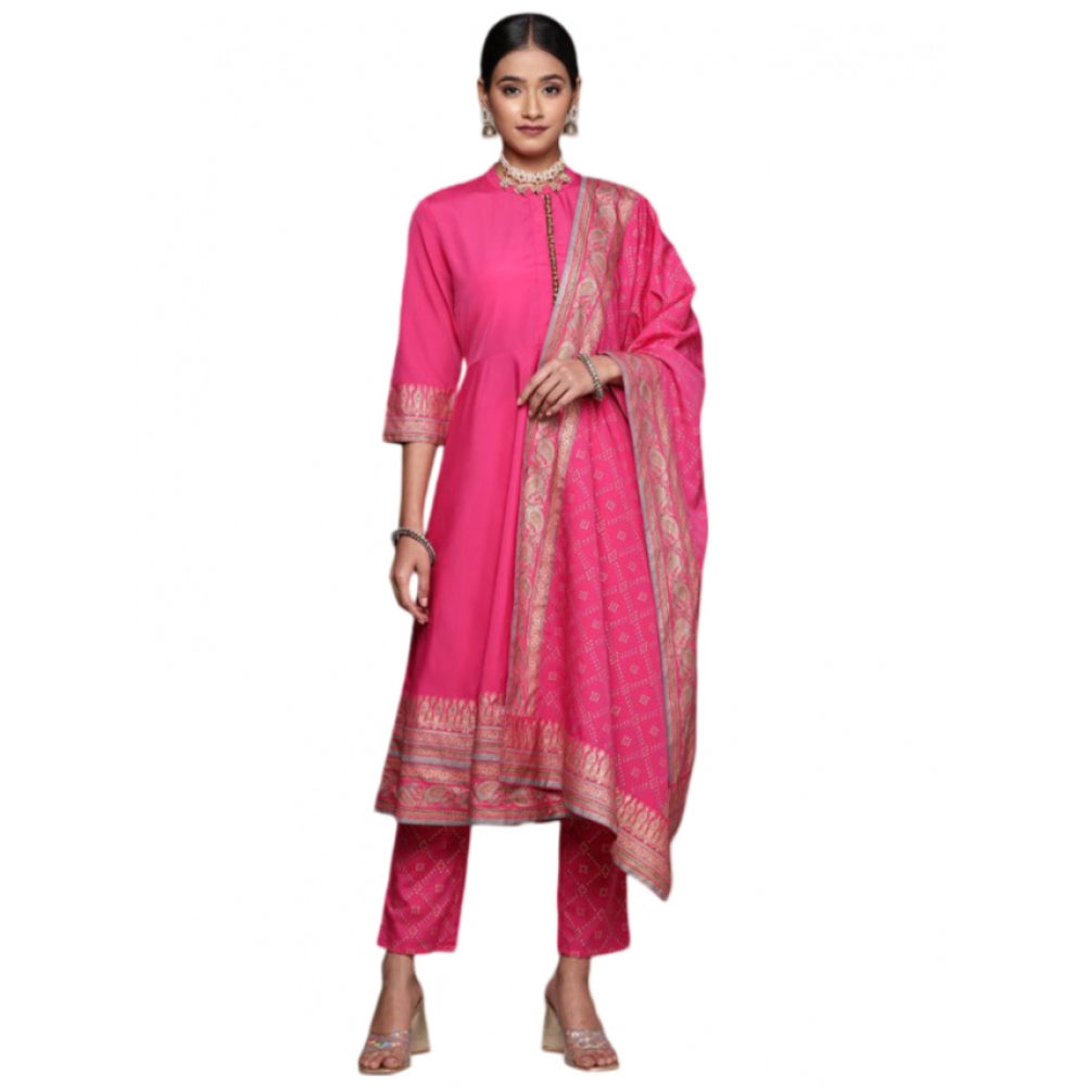 Generic Women's Casual 3-4Th Sleeve Ethnic Motifs Crepe Kurti Pant And Dupatta Set (Pink) - Noble Nook