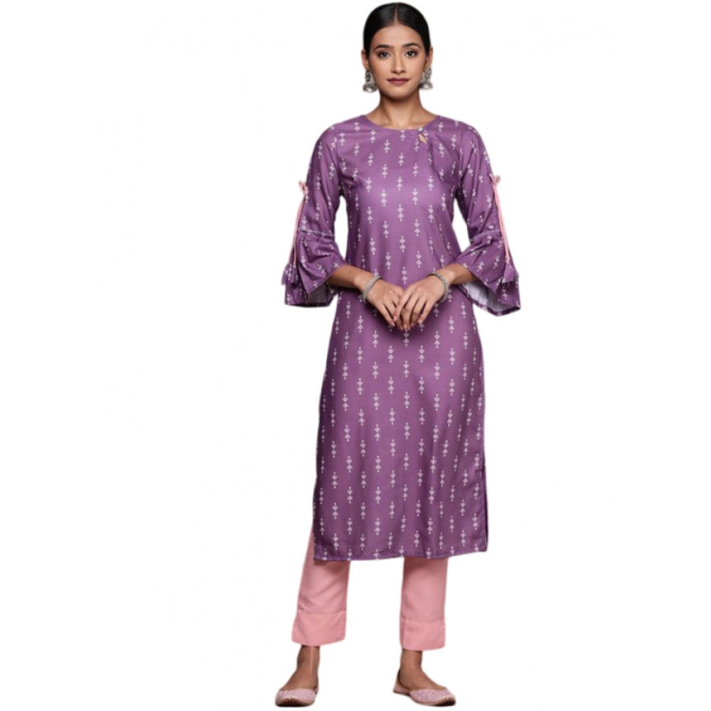 Generic Women's Casual 3-4Th Sleeve Ethnic Motifs Rayon Kurti And Pant Set (Lavender) - Noble Nook