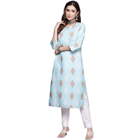 Generic Women's Casual 3-4Th Sleeve Ethnic Motifs Rayon Kurti And Pant Set (Sky Blue) - Noble Nook