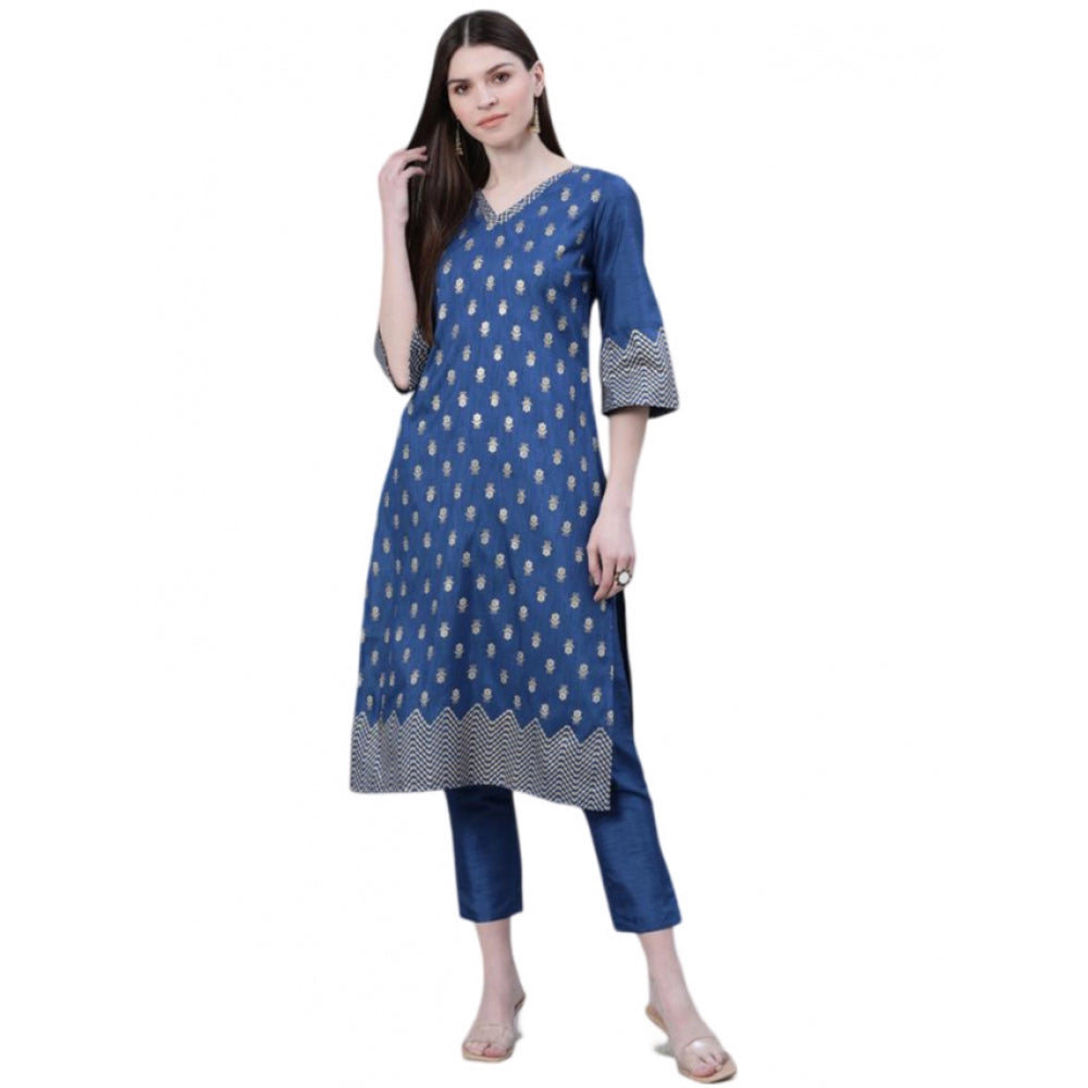 Generic Women's Casual 3-4Th Sleeve Floral Printed Poly Silk Kurti And Pant Set (Blue) - Noble Nook