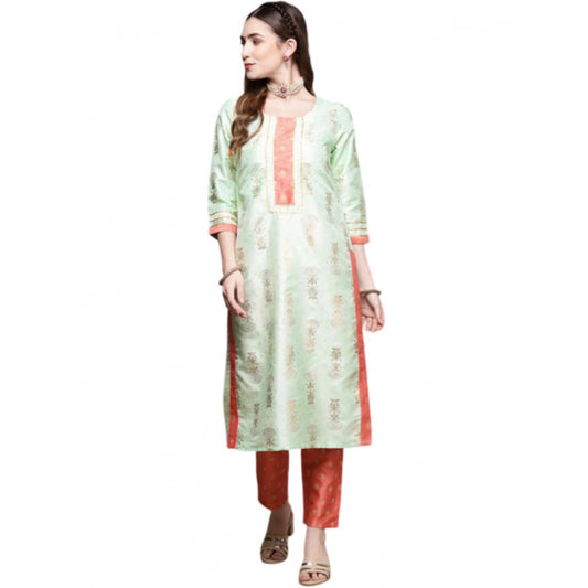 Generic Women's Casual 3-4Th Sleeve Floral Printed Poly Silk Kurti And Pant Set (Pista Green) - Noble Nook