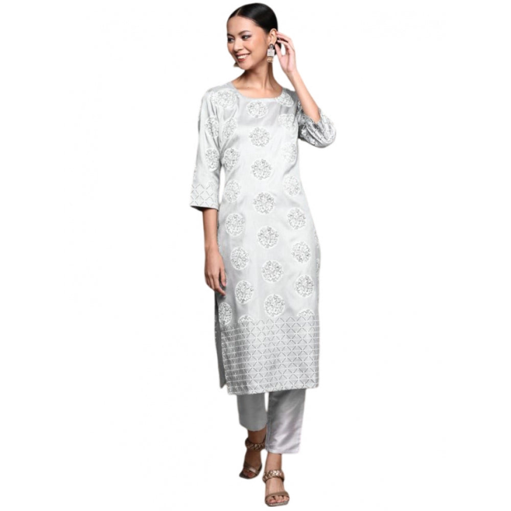 Generic Women's Casual 3-4Th Sleeve Floral Printed Poly Silk Kurti and Pant Set (Light Grey) - Noble Nook