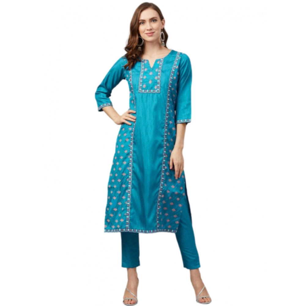 Generic Women's Casual 3-4Th Sleeve Floral Printed Poly Silk Kurti and Pant Set (Blue) - Noble Nook