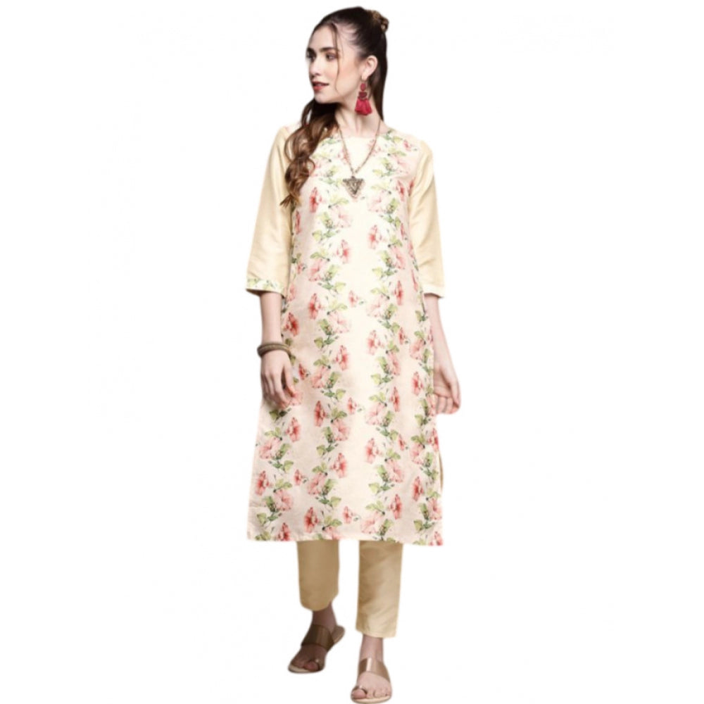 Generic Women's Casual 3-4Th Sleeve Floral Printed Poly Silk Kurti and Pant Set (Cream) - Noble Nook