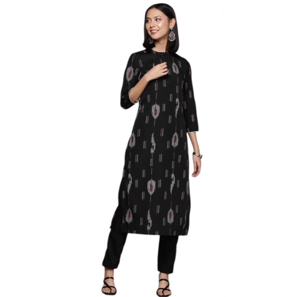 Generic Women's Casual 3-4Th Sleeve Ikkat Crepe Kurti And Pant Set (Black) - Noble Nook