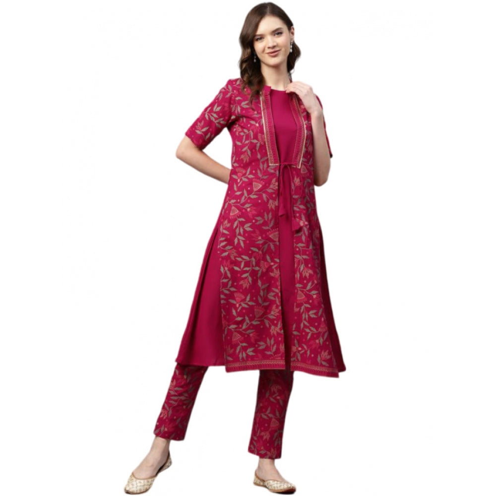 Generic Women's Casual Half Sleeve Floral Printed Crepe Kurti And Pant Set (Pink) - Noble Nook