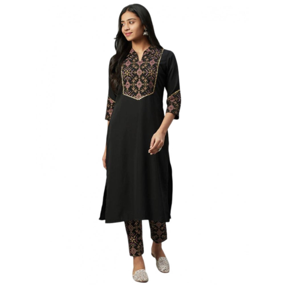 Generic Women's Casual 3-4Th Sleeve Geometric Crepe Kurti and Pant Set (Black) - Noble Nook