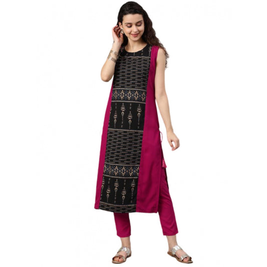 Generic Women's Casual sleeveless Tribal Crepe Kurti and Pant Set (Pink) - Noble Nook