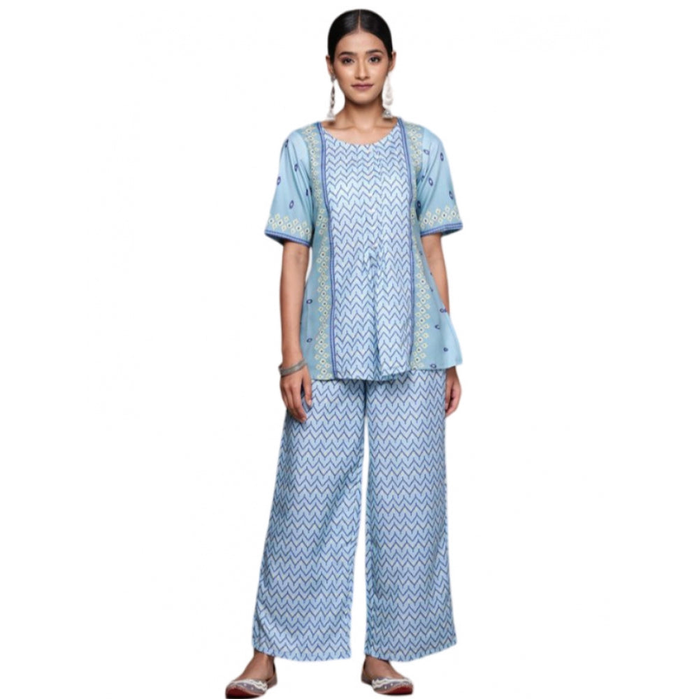 Generic Women's Casual Half Sleeve Geometric Rayon Kurti And Palazzo Set (Sky Blue) - Noble Nook