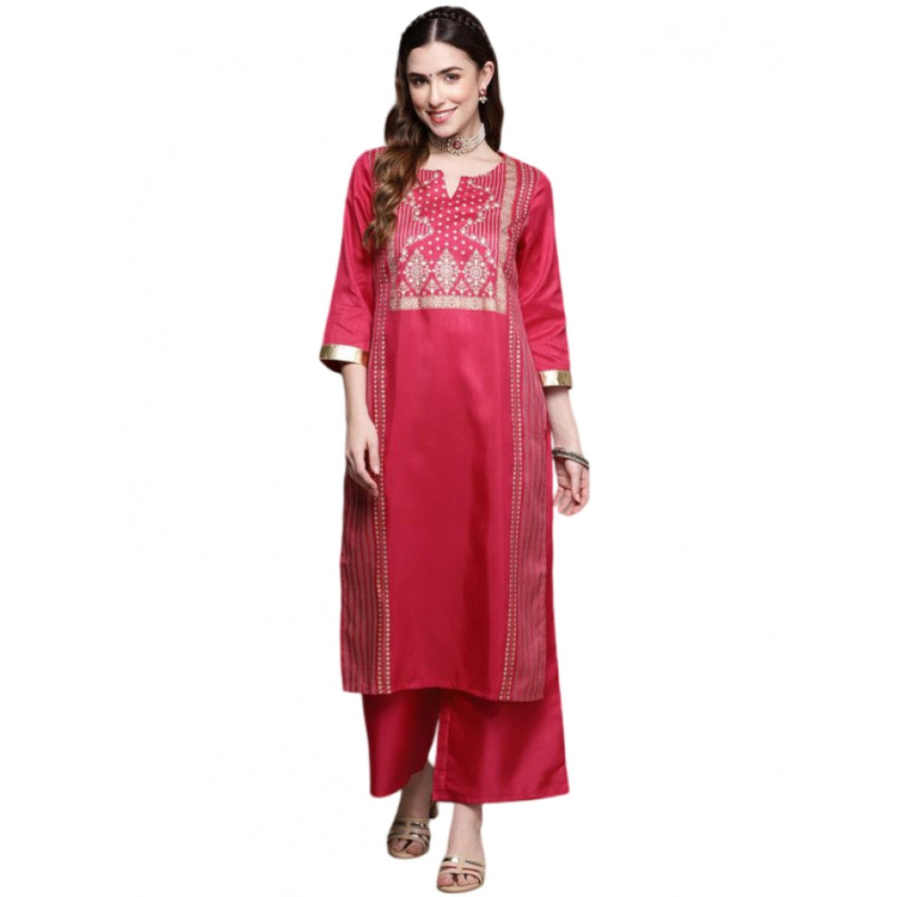 Generic Women's Casual 3-4Th Sleeve Ethnic Motifs Poly Silk Kurti And Palazzo Set (Pink) - Noble Nook