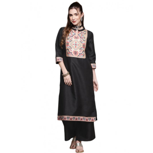 Generic Women's Casual 3-4Th Sleeve Floral Printed Poly Silk Kurti and Palazzo Set (Black) - Noble Nook