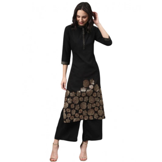 Generic Women's Casual 3-4Th Sleeve Ethnic Motifs Crepe Kurti And Palazzo Set (Black) - Noble Nook