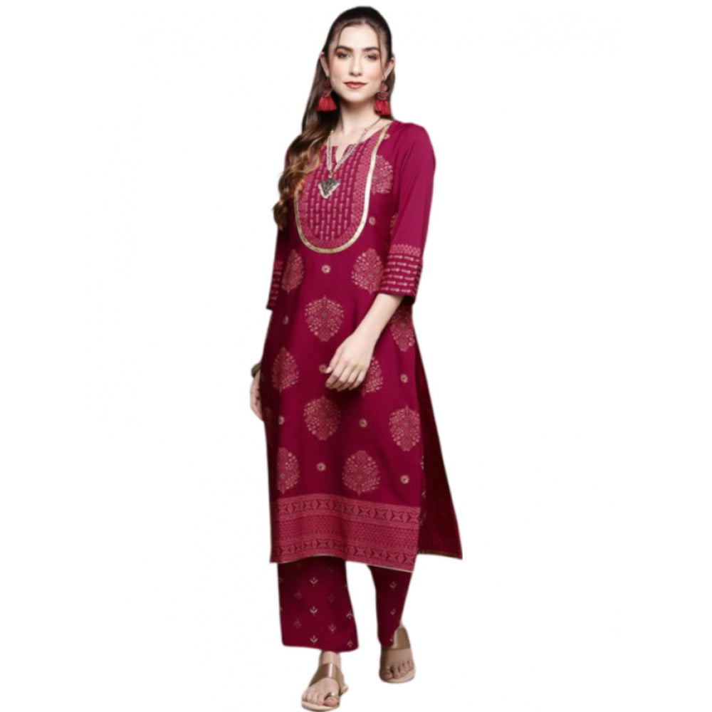 Generic Women's Casual 3-4Th Sleeve Floral /Ethnic Motifs Crepe Kurti And Palazzo Set (Dark Pink) - Noble Nook