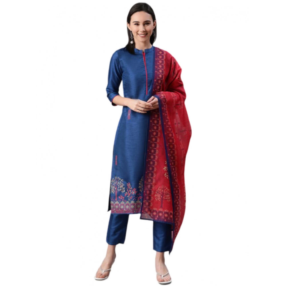 Generic Women's Casual 3-4Th Sleeve Floral Printed Poly Silk Kurti Pant And Dupatta Set (Blue) - Noble Nook