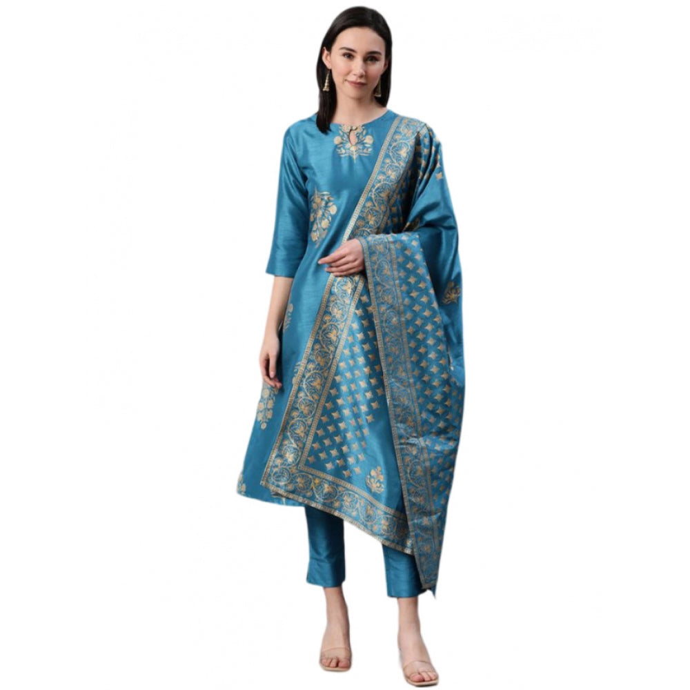 Generic Women's Casual 3-4Th Sleeve Ethnic Motifs Poly Silk Kurti Pant And Dupatta Set (Blue) - Noble Nook