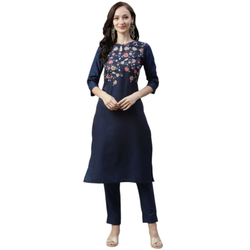 Generic Women's Casual 3-4Th Sleeve Floral Printed Rayon Kurti And Pant Set (Navy Blue) - Noble Nook