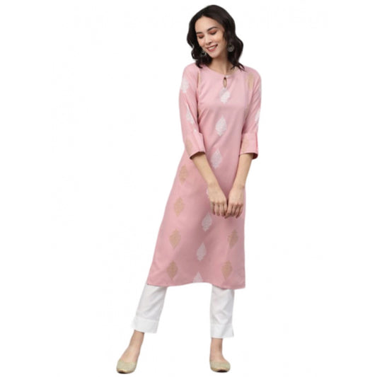 Generic Women's Casual 3-4Th Sleeve Ethnic Motifs Rayon Kurti And Pant Set (Pink) - Noble Nook