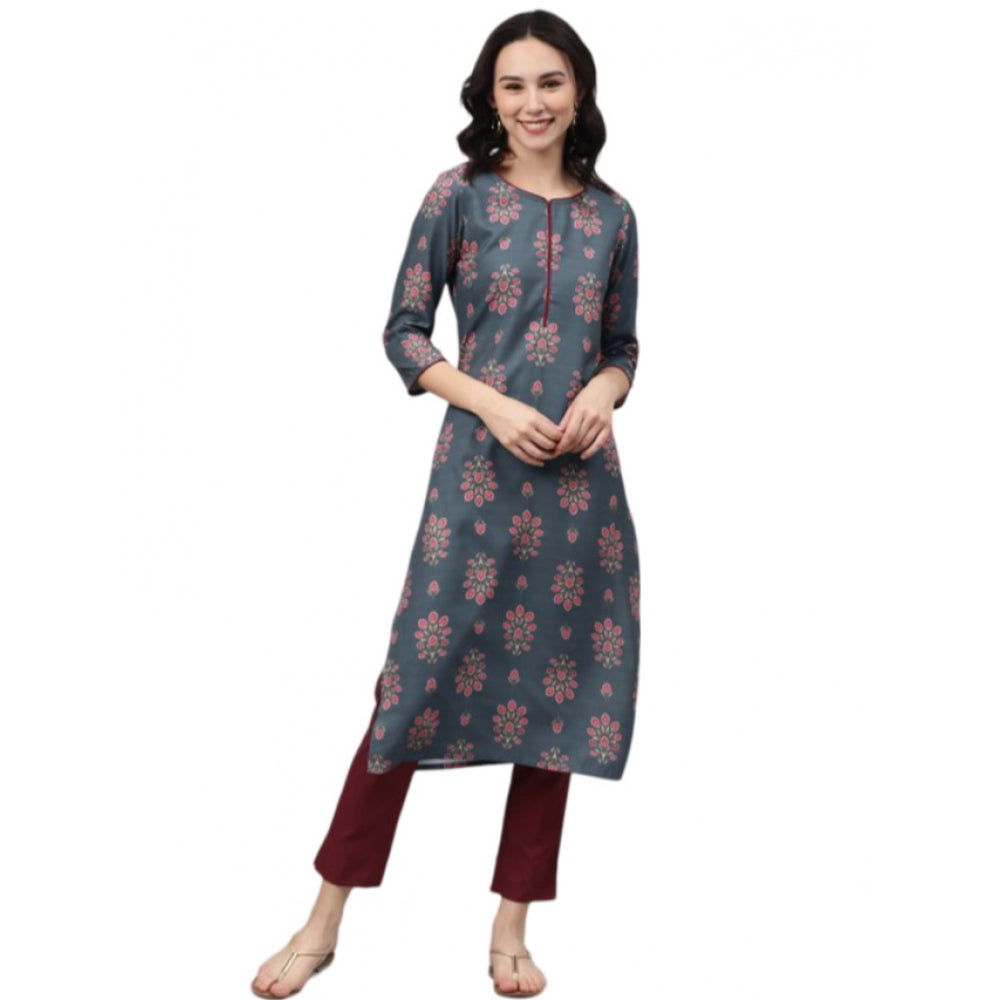 Generic Women's Casual 3-4Th Sleeve Floral Printed Rayon Kurti And Pant Set (Grey) - Noble Nook