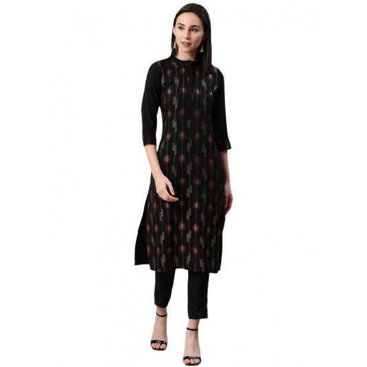 Generic Women's Casual 3-4Th Sleeve Ethnic Motifs Rayon Kurti And Pant Set (Black) - Noble Nook