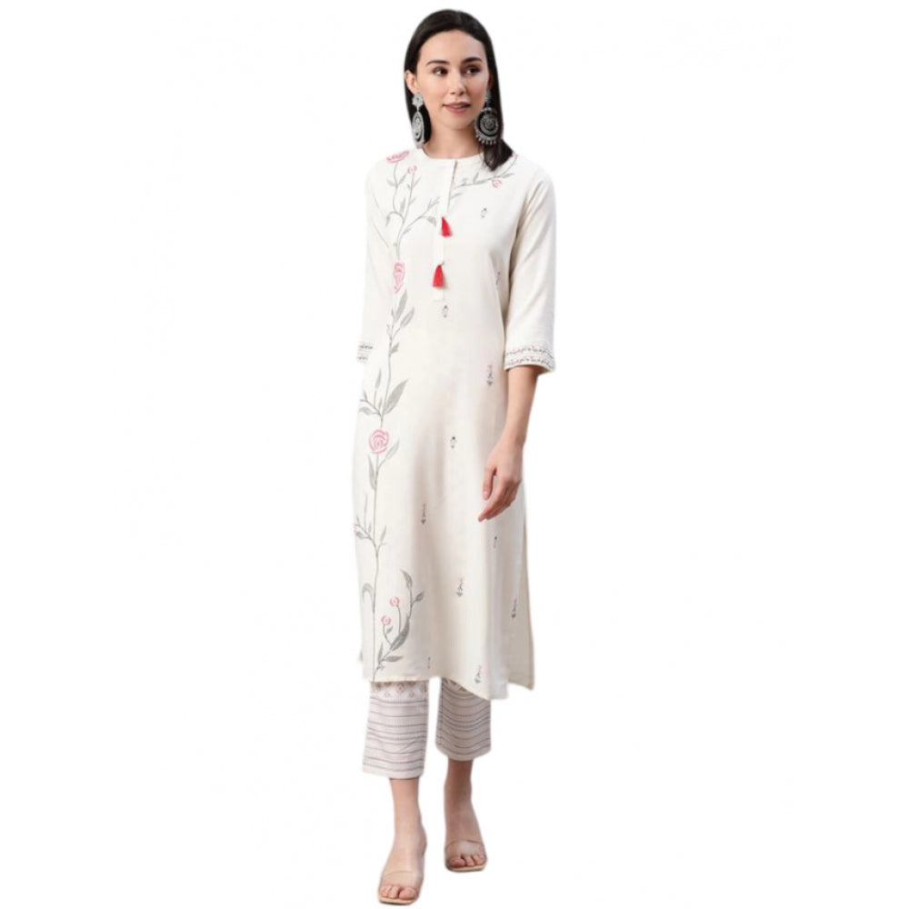 Generic Women's Casual 3-4Th Sleeve Floral Printed Rayon Kurti And Pant Set (Cream) - Noble Nook