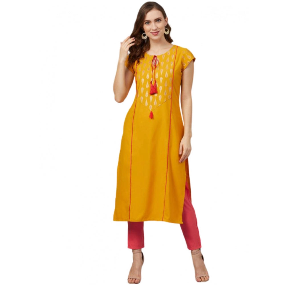 Generic Women's Casual Short Sleeves Floral Printed Rayon Kurti and Pant Set (Mustard) - Noble Nook