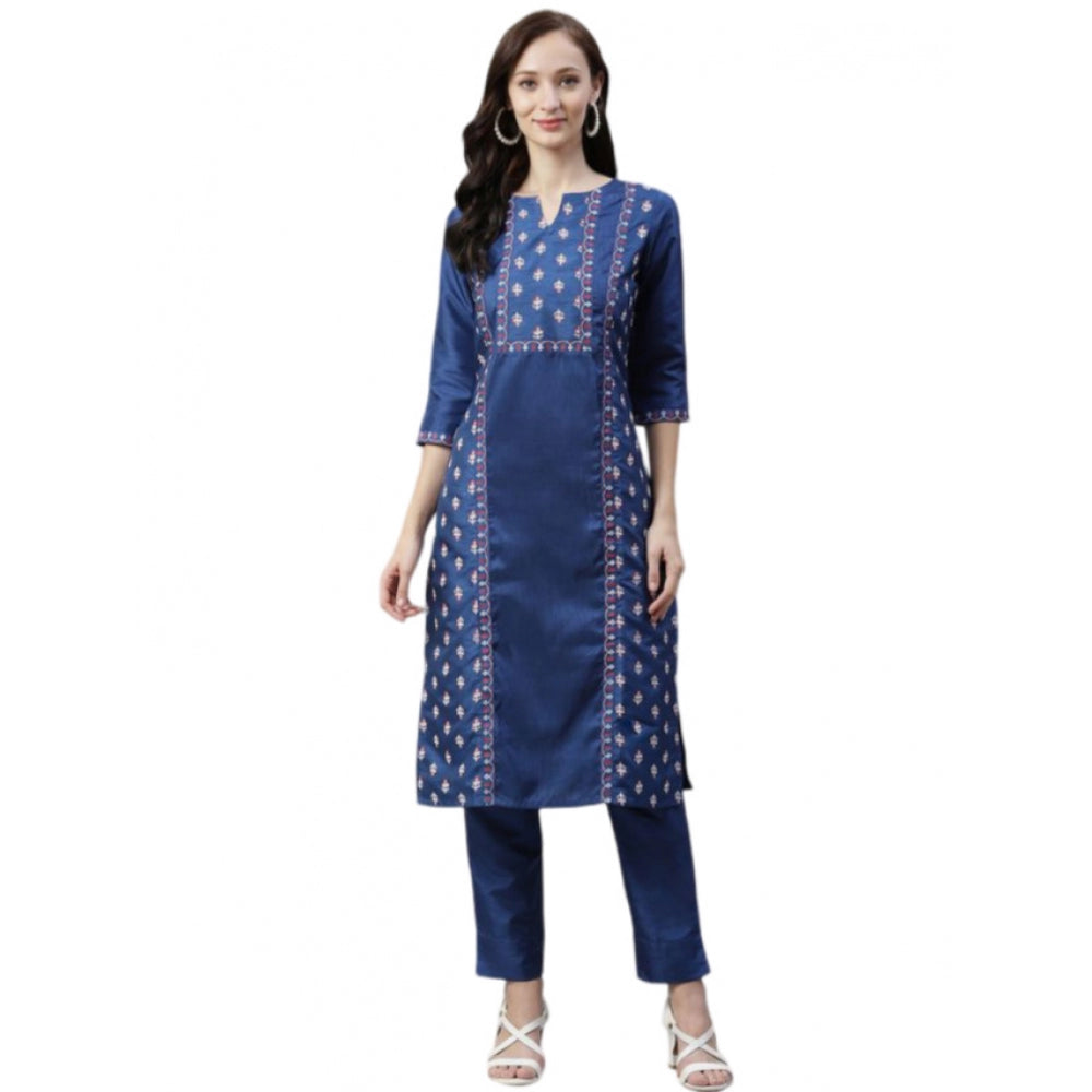 Generic Women's Casual 3-4Th Sleeve Floral Printed Poly Silk Kurti And Pant Set (Blue) - Noble Nook