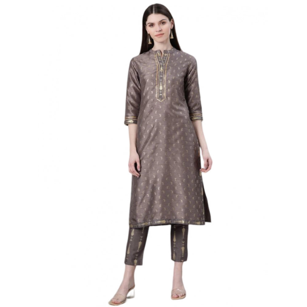 Generic Women's Casual 3-4Th Sleeve Ethnic Motifs Poly Silk Kurti And Pant Set (Grey) - Noble Nook