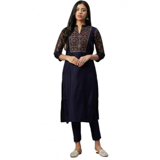 Generic Women's Casual 3-4Th Sleeve Ethnic Motifs Poly Silk Kurti and Pant Set (Blue) - Noble Nook