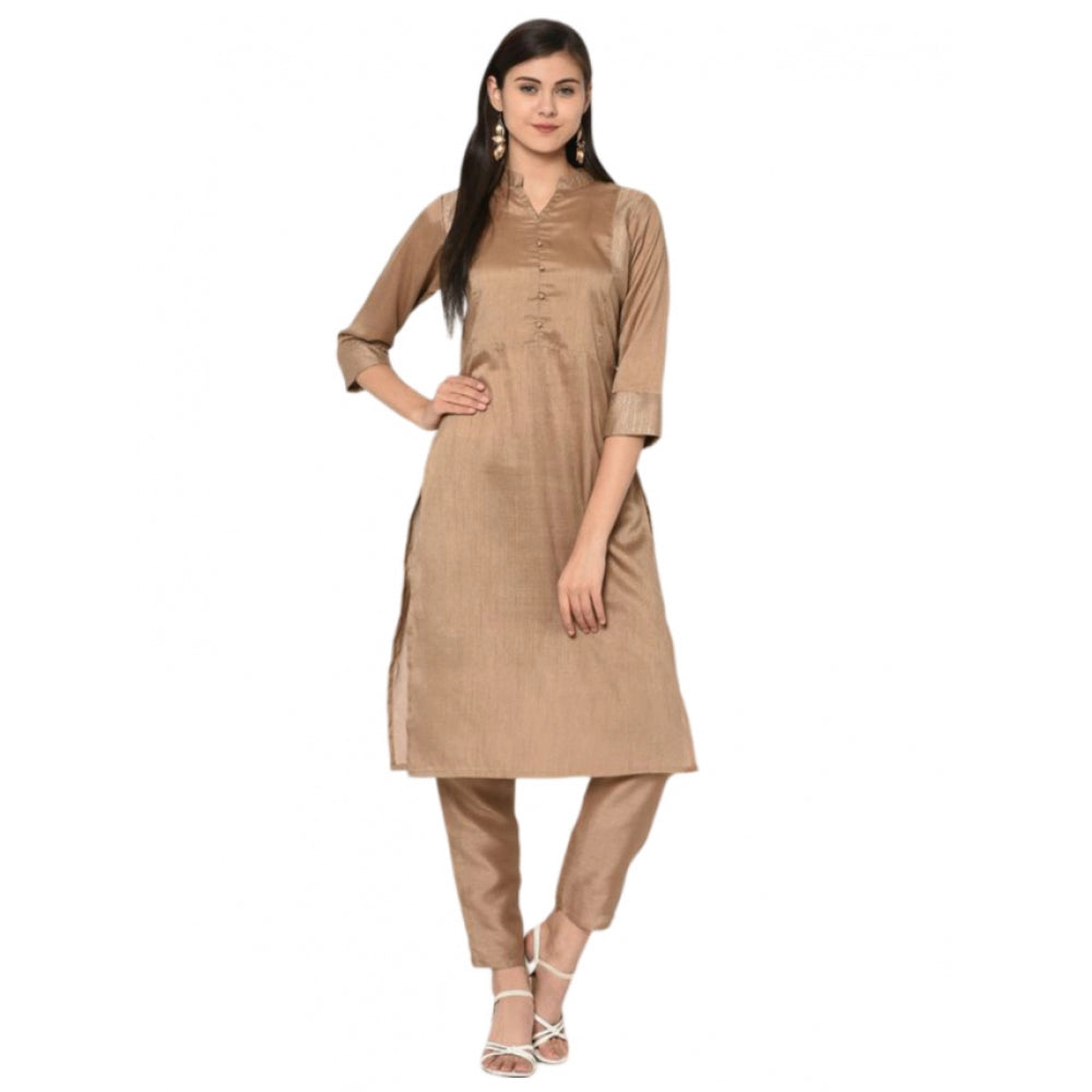 Generic Women's Casual 3-4Th Sleeve Solid Poly Silk Kurti and Pant Set (Brown) - Noble Nook