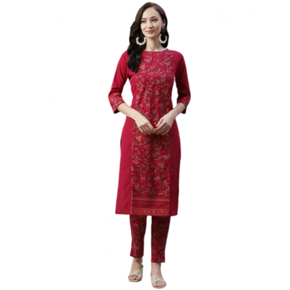 Generic Women's Casual 3-4Th Sleeve Floral Printed Crepe Kurti And Pant Set (Maroon) - Noble Nook