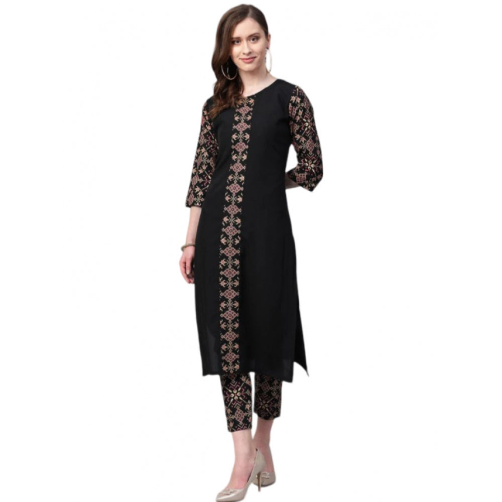 Generic Women's Casual 3-4Th Sleeve Solid Crepe Kurti And Pant Set (Black) - Noble Nook