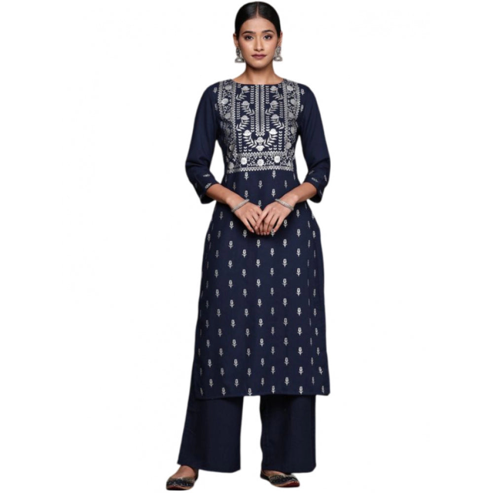 Generic Women's Casual 3-4Th Sleeve Floral Printed Rayon Kurti and Palazzo Set (Navy Blue) - Noble Nook