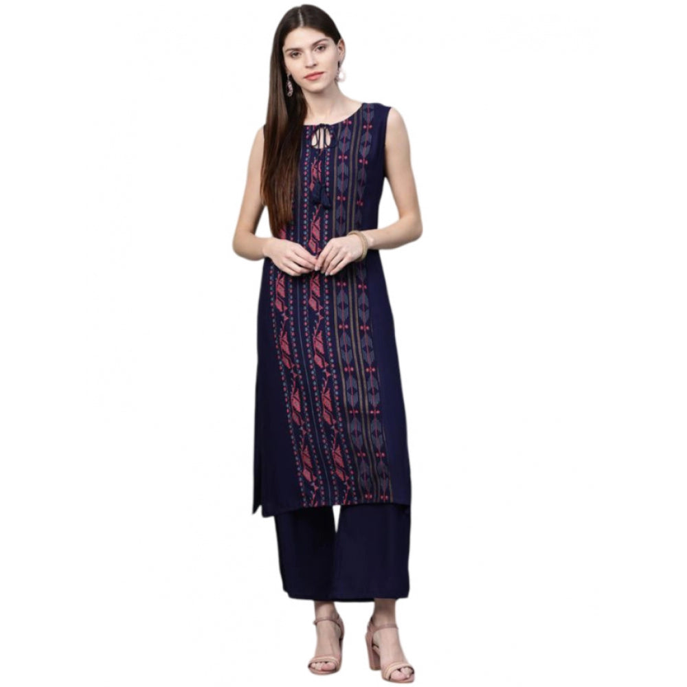 Generic Women's Casual Sleeveless Ikkat Rayon Kurti and Palazzo Set (Navy Blue) - Noble Nook