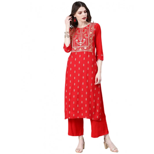 Generic Women's Casual 3-4Th Sleeve Floral Printed Rayon Kurti and Palazzo Set (Red) - Noble Nook