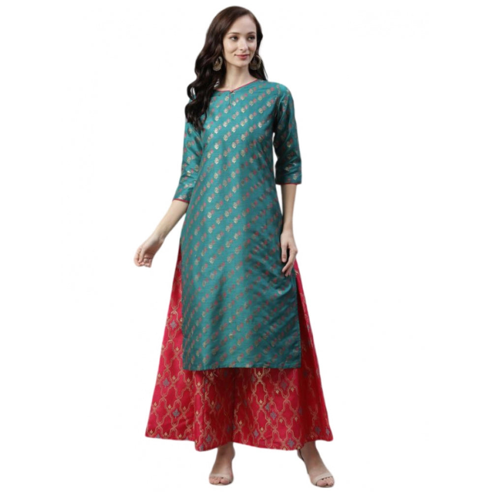 Generic Women's Casual 3-4Th Sleeve Ethnic Motifs Poly Silk Kurti And Palazzo Set (Green) - Noble Nook