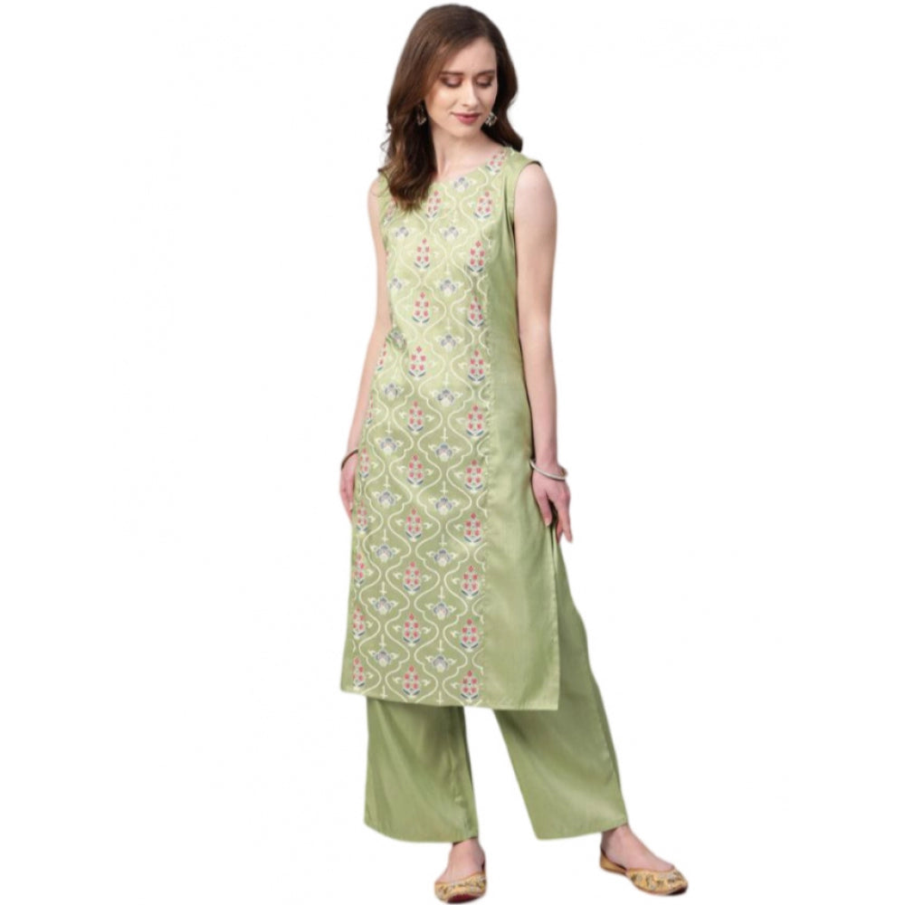 Generic Women's Casual Sleeveless Floral Printed Poly Silk Kurti and Palazzo Set (Green) - Noble Nook