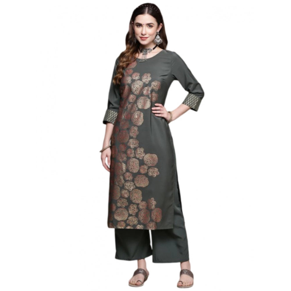 Generic Women's Casual 3-4Th Sleeve Floral Printed Crepe Kurti And Palazzo Set (Dark Grey) - Noble Nook