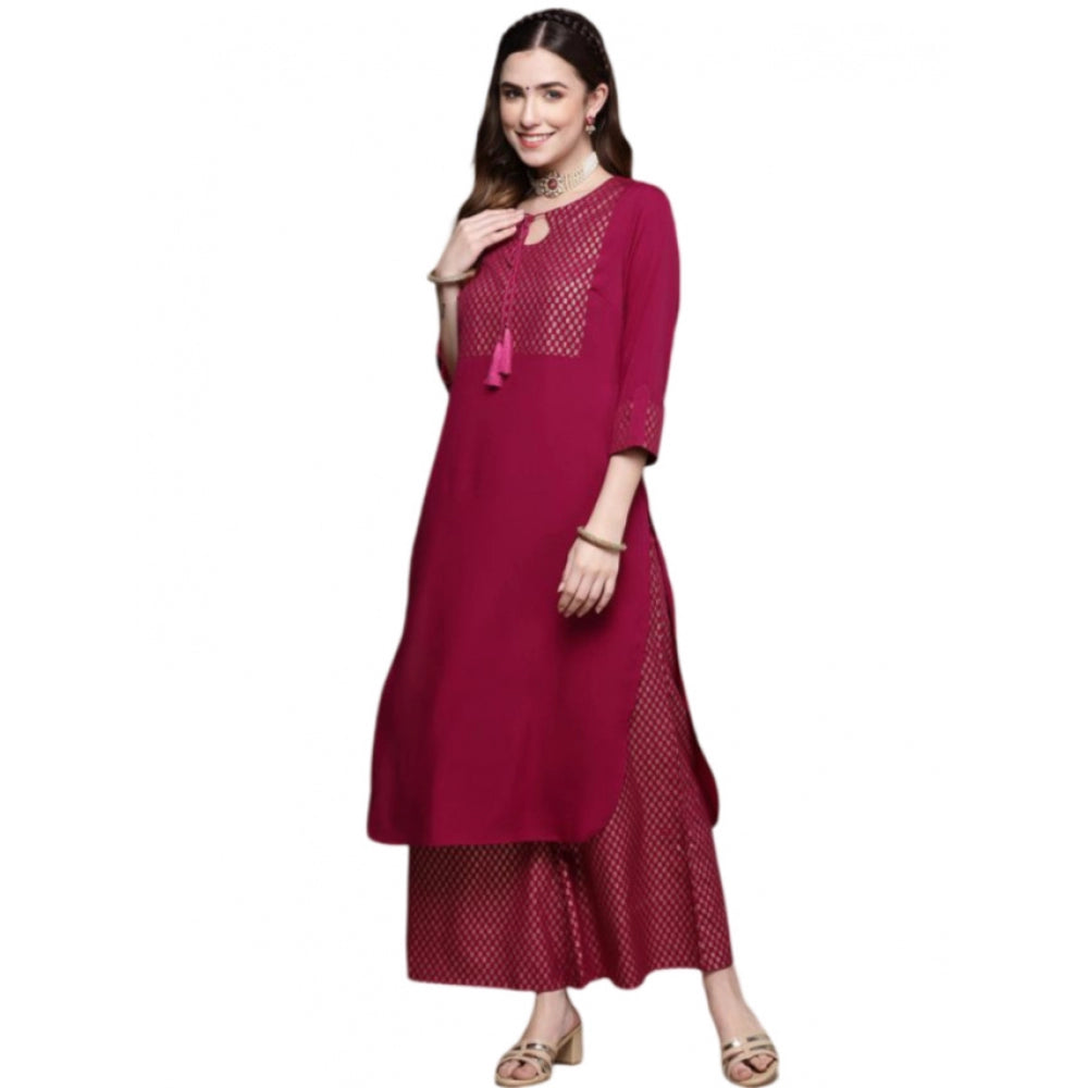 Generic Women's Casual Full Sleeve Ethnic Motifs Crepe Kurti and Palazzo Set (Dark Pink) - Noble Nook