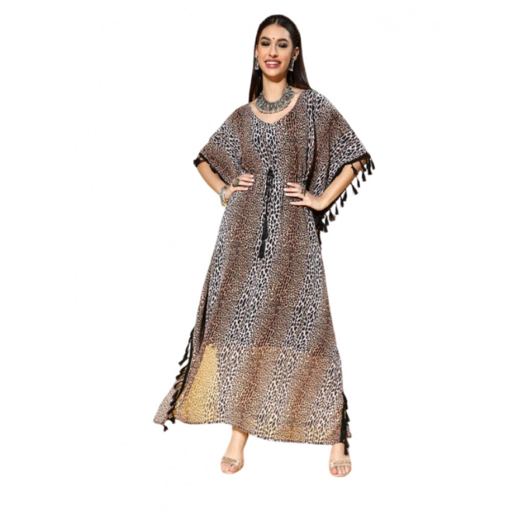 Generic Women's Casual Half Sleeve Animal Printed Georgette Kurti (Brown) - Noble Nook